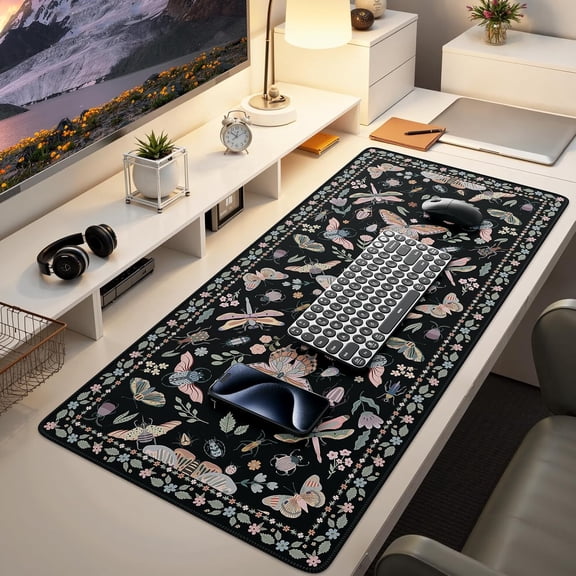 Black Large Mouse Pad, Desk Matt for Desktop, XXL Desk Mat for Keyboard and Mouse, Anti-Slip Big Mousepad Computer Mat with Stitched Edges(Insects)