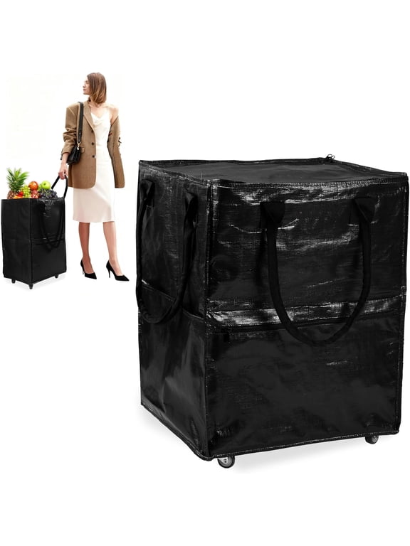 Black-Large Rolling Grocery Bag, 36-Gallon Tote with 5 Wheels, 110 lbs Capacity, Dual Carry, Wide Zipper & Extra Storage for Shopping, Laundry & Moving
