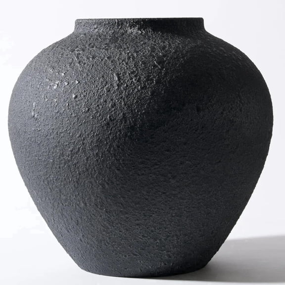 Black Large Round Vase Pottery Look for Home Decor, Black Rustic Iron Vase Modern Farmhouse, Console Table Decor, Earthy Textured Metal Big Black Round Vases for Centerpieces, Jarrones Grandes