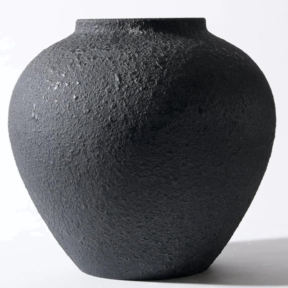 FZBCTLDZ Large Round Black Iron Vase, Textured Pottery Look for Rustic Farmhouse Home Decor, 11 in