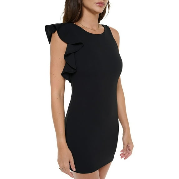 Black Large Size Women's Sleeveless Mini Cocktail Dress, One Shoulder Ruffle Bodycon Sexy Going Out Party, Spring Summer 2024