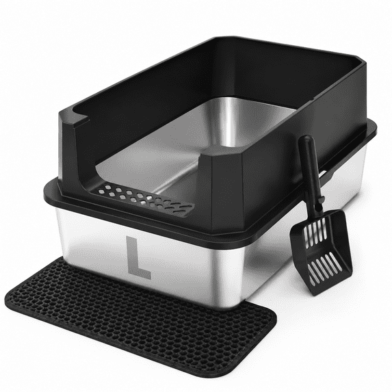 Black Large Stainless Steel Cat Litter Box, Durable Metal Pet Litter Pan for Adult Cats