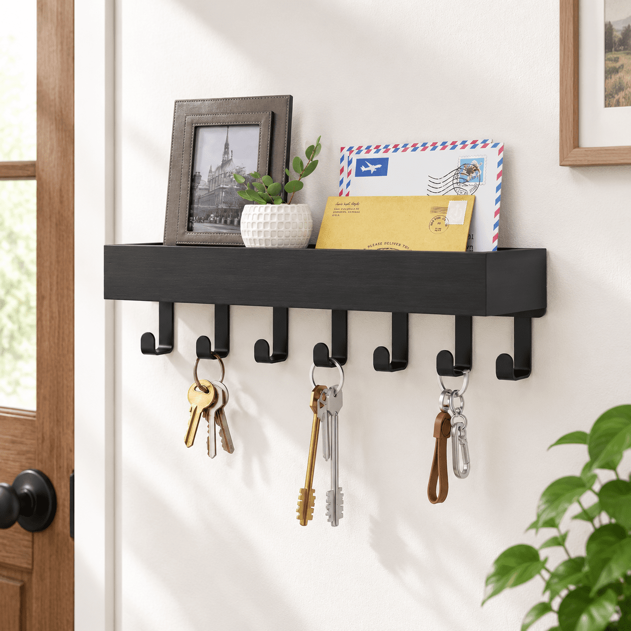 Black Large Wooden Wall Mounted Key Holder with Shelf and Metal Hooks ...