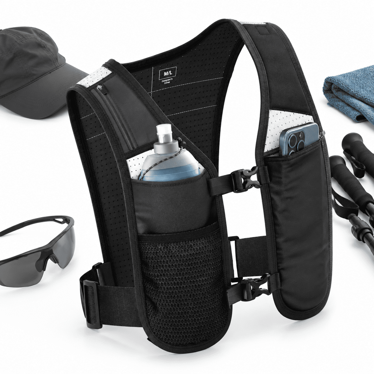 Black Large - X Large Running Hydration Vest with 500ml Water Bottle ...