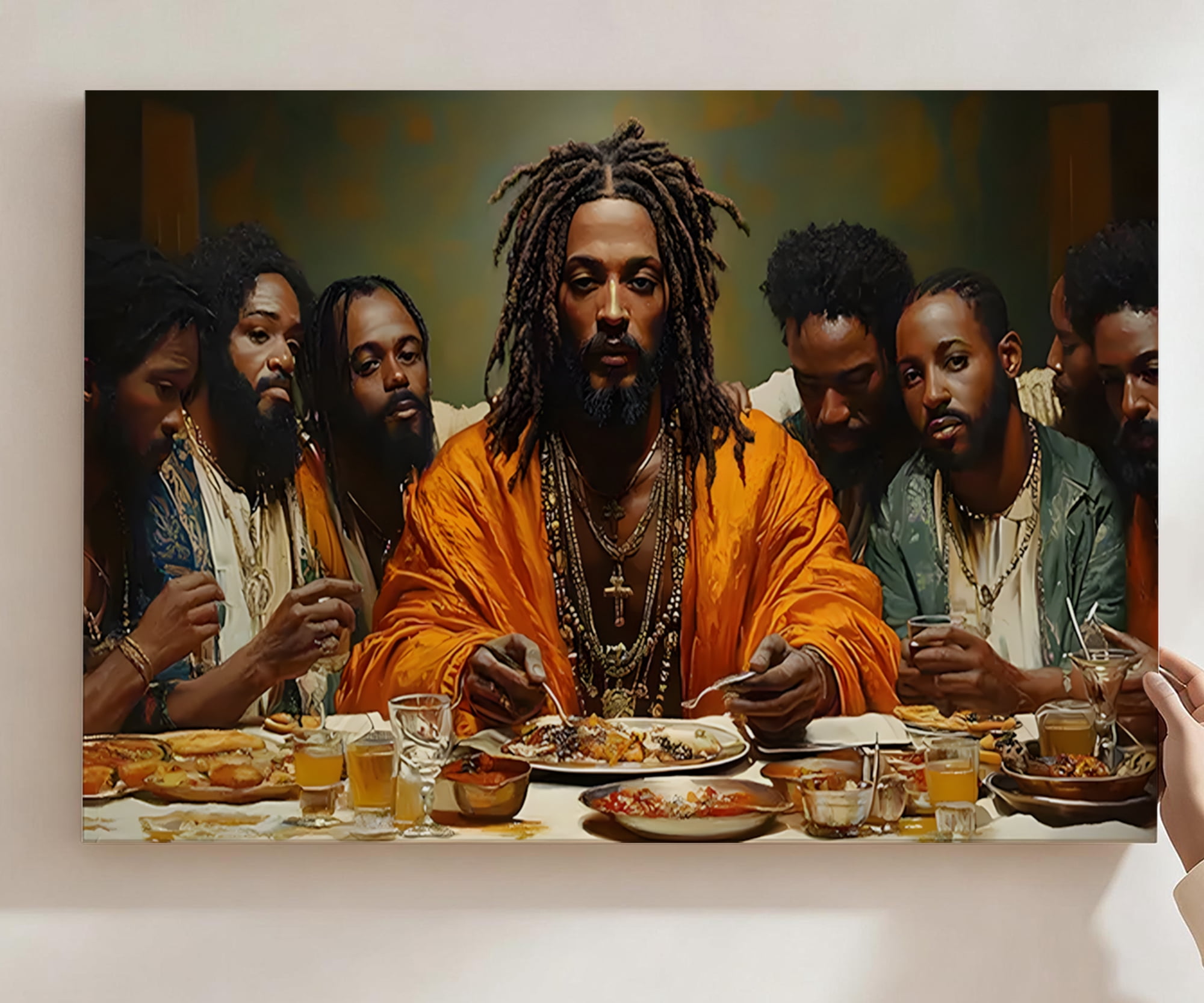Black Last Supper Dreadlocks Canvas Wall Art, African American Christian Decor, Modern Biblical Artwork For Church, Living Room, Home Chapel, Ready To Hang 24*36inch(60*90cm)