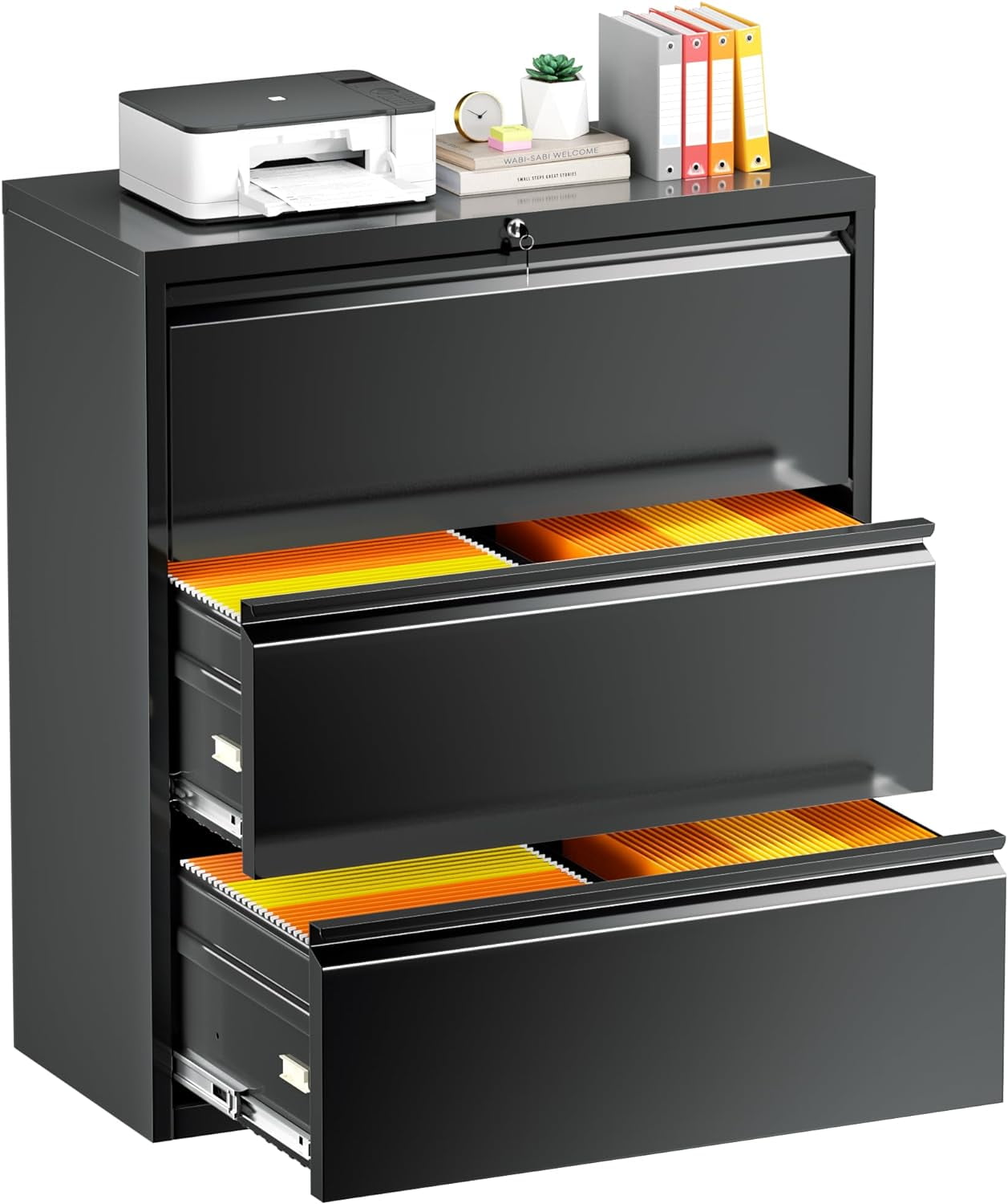 Black Lateral File with Lock, 3 Drawer Lateral Filing