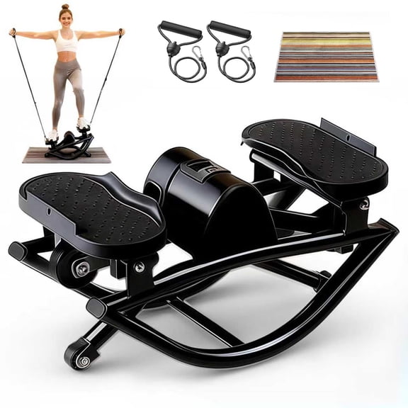 Black Lateral Rocking Step Machine with Resistance Bands and Digital Counter