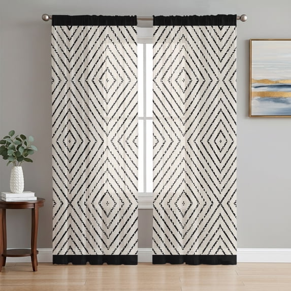 Black Lattice Geometric Semi Sheer Curtains 96 Inch Length 2 Panels Set ...