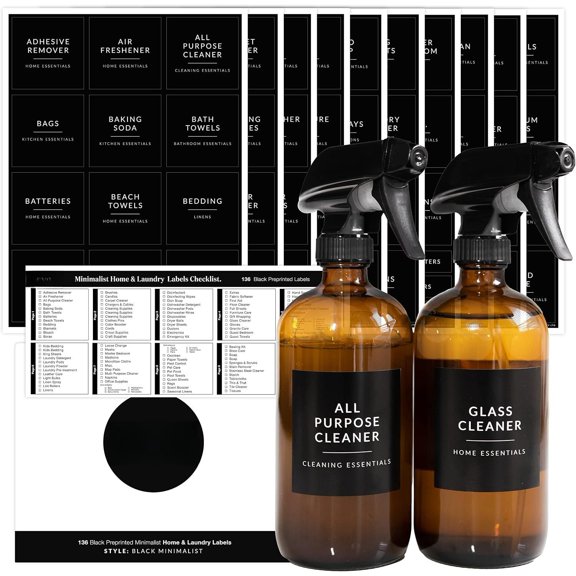 Black Laundry Labels for Jars, 136 Preprinted and Laundry Stickers for Storage Bins, Cleaning Jars, Bathroom Bottles, Linen Closet, Household Organization