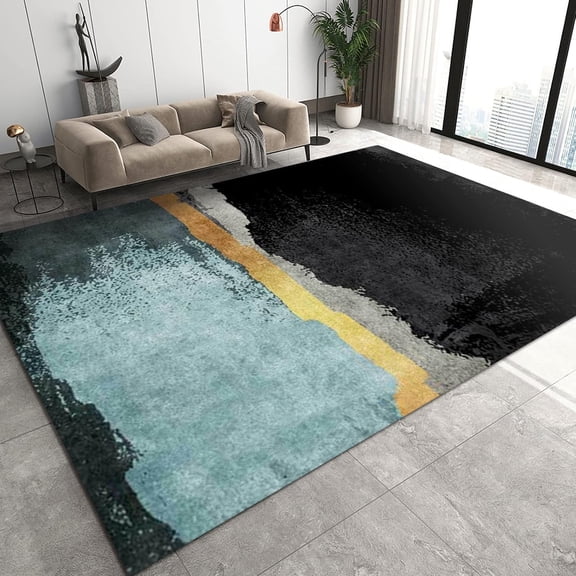 Black Layered Area Rugs, Non-Slip Oil Painting Carpet, Shock Absorption Carpet Durable Fast Drying Machine Washable Apply to Office Family and Pet Farmhouse,4'x5'