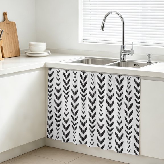 Black Leaf Arrow Cabinet Curtains for Kitchen 10"W x 11"L, Modern Abstract Minimalist Vertical Leaves Waves Under Sink Skirt Magic Tape Short Curtain Decorative Privacy Panel for Bathroom Laundry