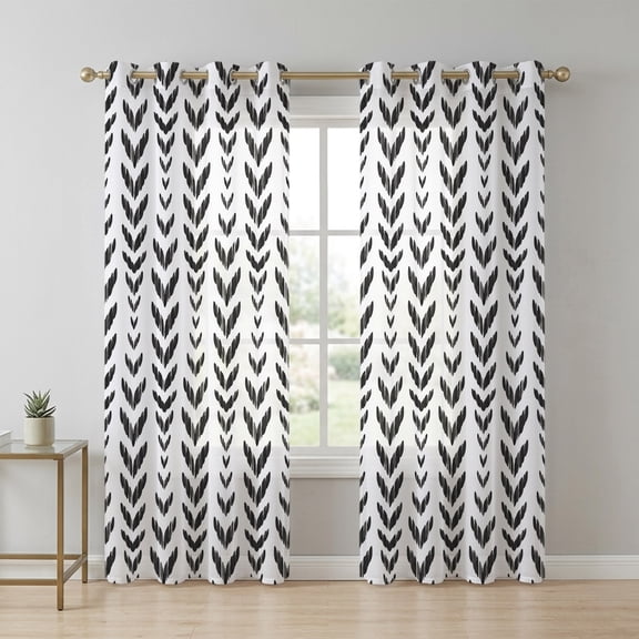 Black Leaf Arrow Sheer Curtains 63 Inch Long 2 Panels, Modern Abstract Minimalist Vertical Leaves Waves Light Filtering Semi Sheer Drapes Grommet Voile Window Curtain for Living Bedroom W42 x L63