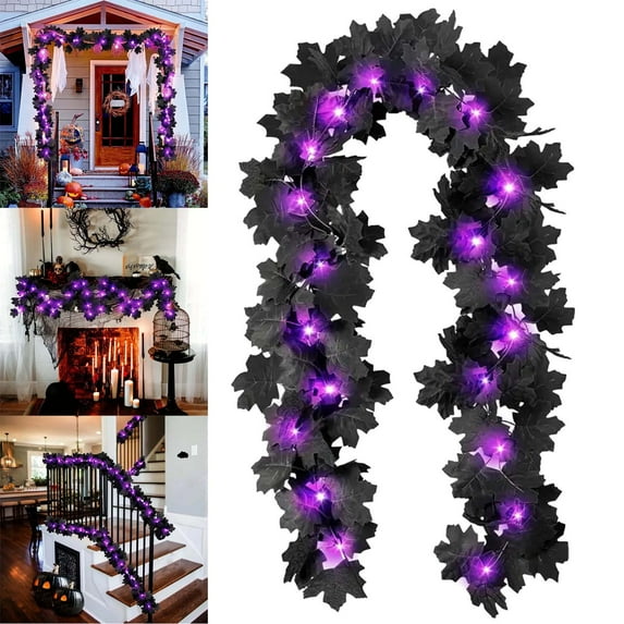 Black Leaf Garland with Purple Lights, Artificial Hanging Fall Leave Vines, LED Halloween String Lights Battery Operated Halloween Garland Decor for Yard, Porch, Table, Wall, Party Decorations