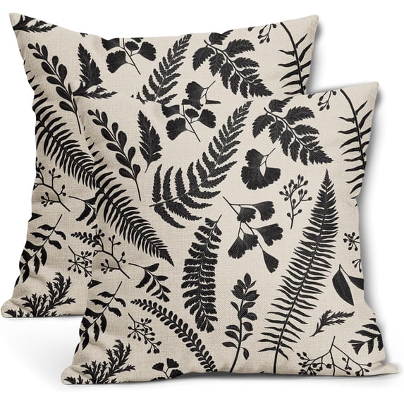 Black Leaf Plant Pillow Covers 16X16 Inch Set of 2 Tropical Fern Herbs Botanical Leaves Floral Decorative Pillow Cases Vintage Cushion Case Farmhouse Home Decor for Couch Sofa Porch Outdoor