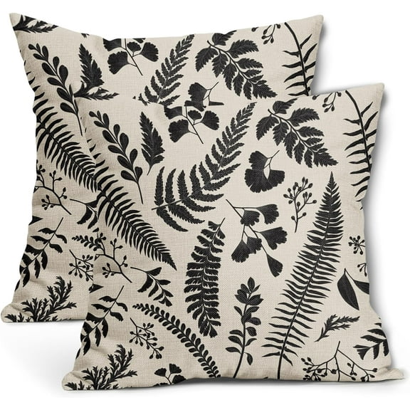 Black Leaf Plant Pillow Covers 20X20 Inch Set of 2 Tropical Fern Herbs Botanical Leaves Floral Decorative Pillow Cases Vintage Cushion Case Farmhouse Home Decor for Couch Sofa Porch Outdoor