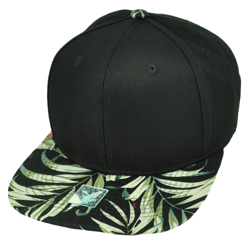 Palm Tree Embroidered Flat Bill Snapback Cap - Black Wool Blend, White Embroidery, One Size