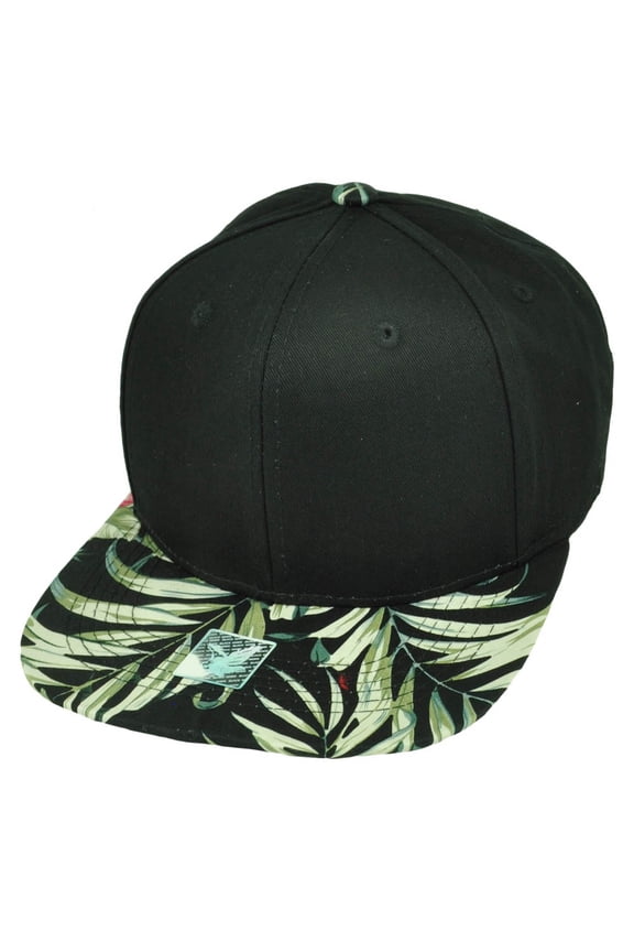 Black Leaf Print Palm Trees Pattern Flat Bill Snapback Hat Cap Solid Color