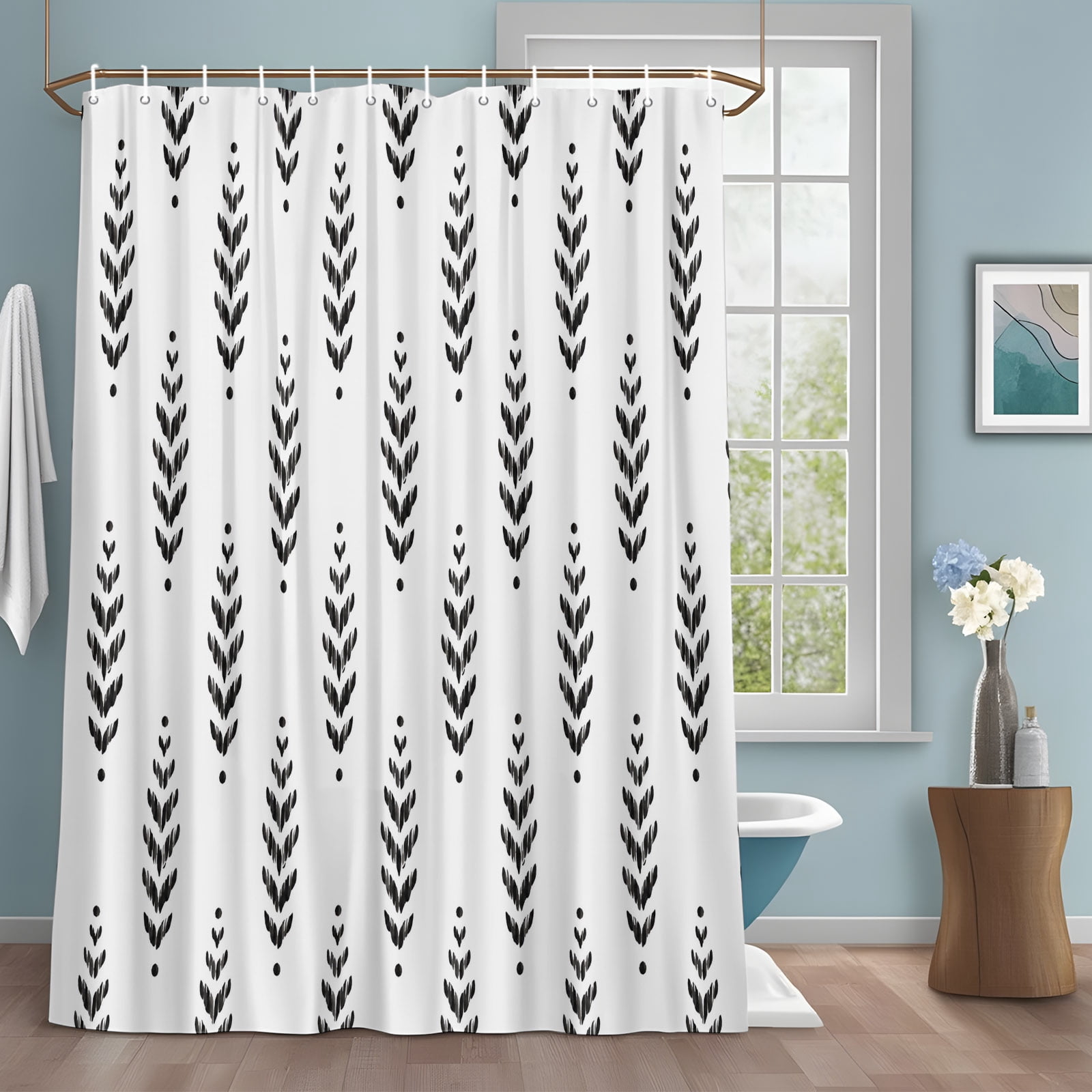 Visual Reference: Black Leaf Shower Curtain Set With Hooks Modern Abstract Minimalist