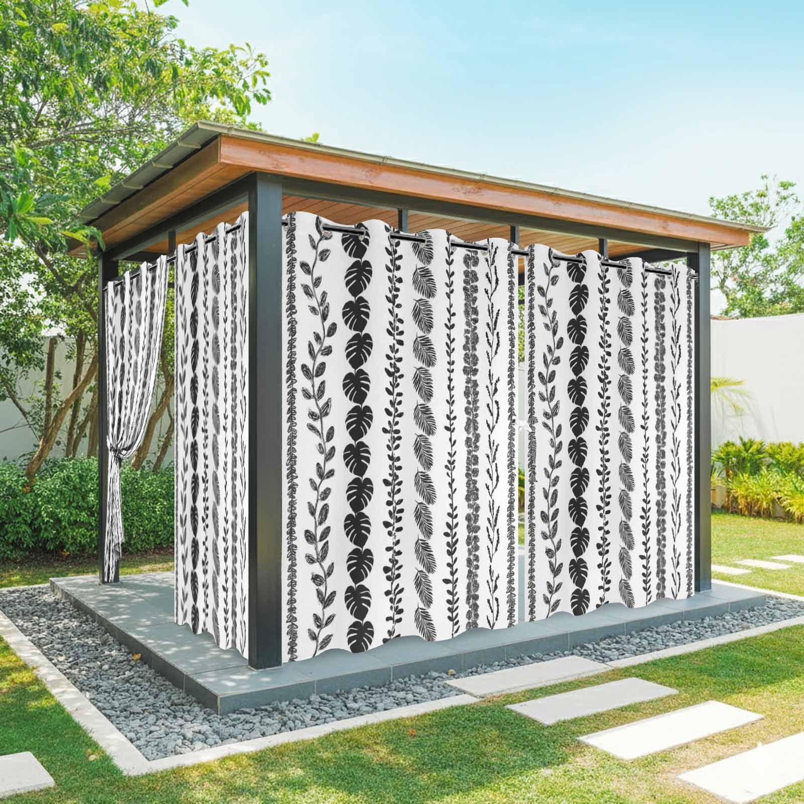 Black Leaf Striped Outdoor Curtains for Patio, Summer Botanical Vertical Natural Stripes Sunshade Privacy Drapes Grommet Waterproof Outside Curtains for Porch/Cabana/Balcony 54"x 108", 1 Panel