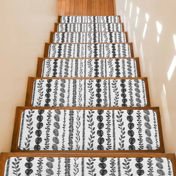 Black Leaf Striped Stair Treads Non Slip for Steps Summer Botanical Vertical Natural Stripes 4 Pcs Reusable Adhesive Stair Runner Mats for Dogs Elders Carpet Treads Rugs for Staircase 8x30 In