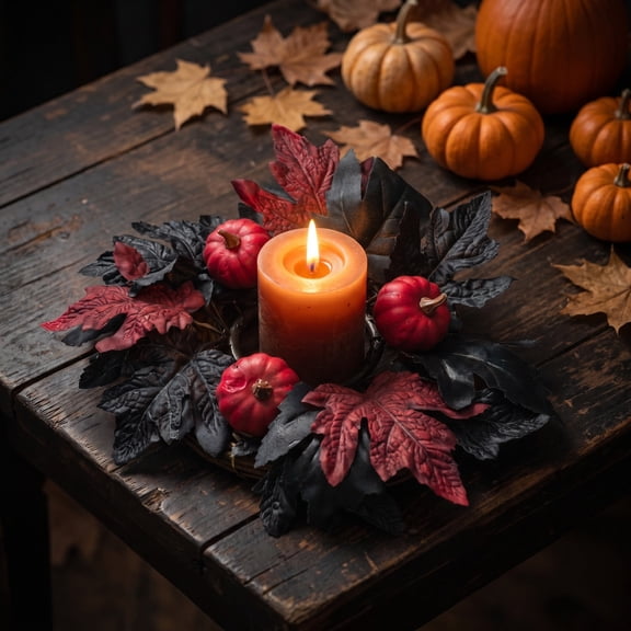 Black Leaf and Pumpkin Candle Wreath, 10-Inch Decorative Floral Ring for Dining Table Decor