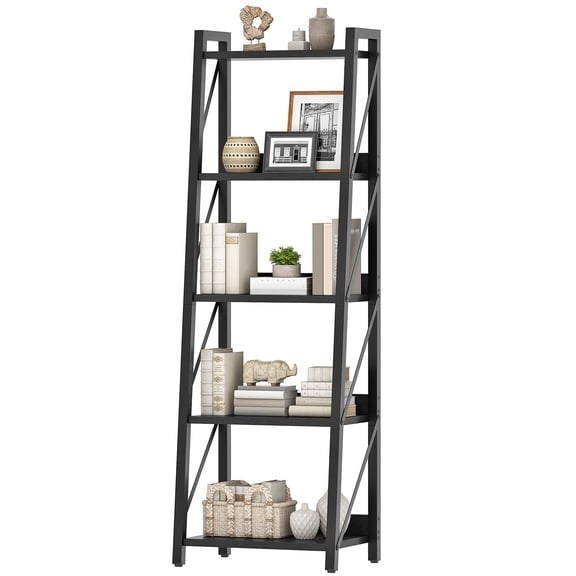 Black Leaning Ladder Bookshelf With Metal Frame And Wooden Shelves, 5-Tier Storage For Living Room Bedroom Home Office