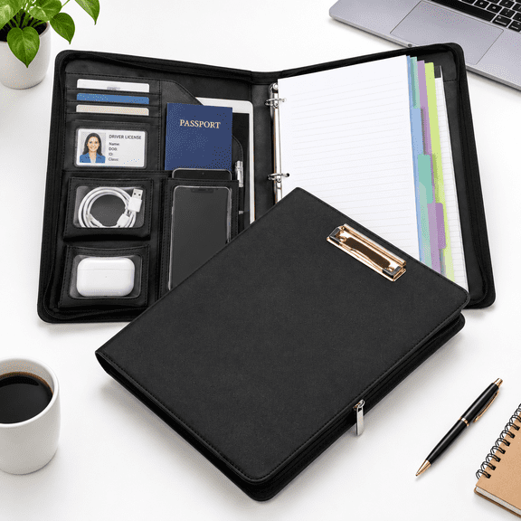 Black Leather 1 Inch 3 Ring Binder Zipper Padfolio Portfolio Letter Size