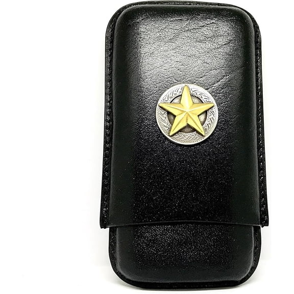 Black Leather 3-Finger Cigar Case  (Antique Texas Star)