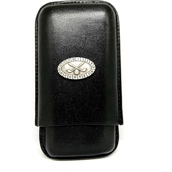 Black Leather 3-Finger Cigar Case (Golf Clubs with Ball)