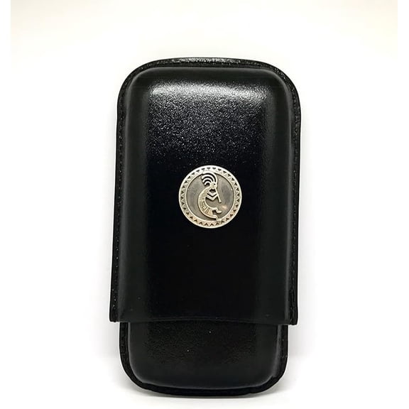 Black Leather 3-Finger Cigar Case (Kokopelli Metallic)