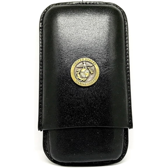 Black Leather 3-Finger Cigar Case – (US Marines 1")