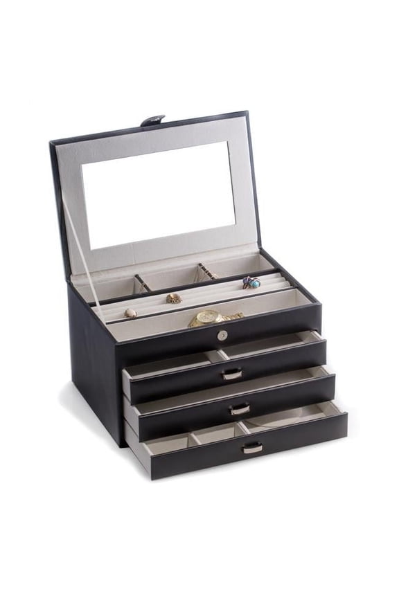 Black Leather 4-Level Jewelry Box - 11.75W x 7.75H in.
