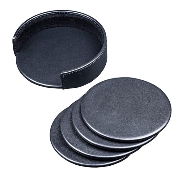 Black Leather 4-Round Coaster Set