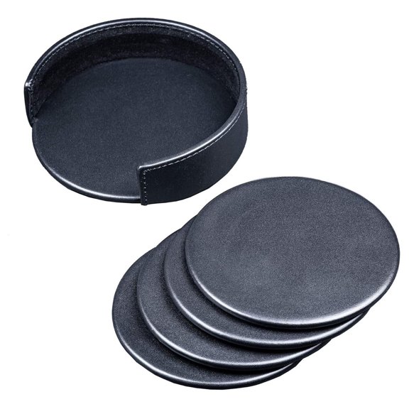 Black Leather 4-Round Coaster Set
