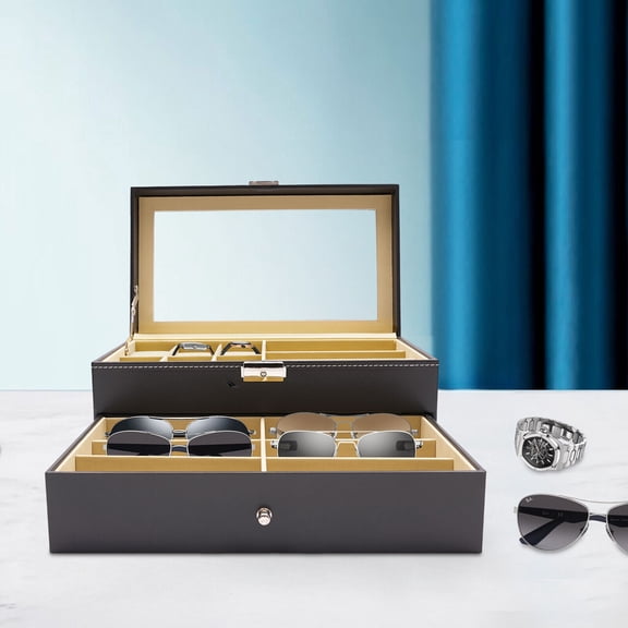 Black Leather 6 Watch Box Jewelry Case and 9 Piece Eyeglasses Storage and Sunglass Glasses Display Drawer Lockable Case Organizer