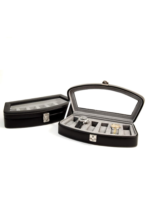 Black Leather 6 Watch Case with Glass Top and Locking Clasp.