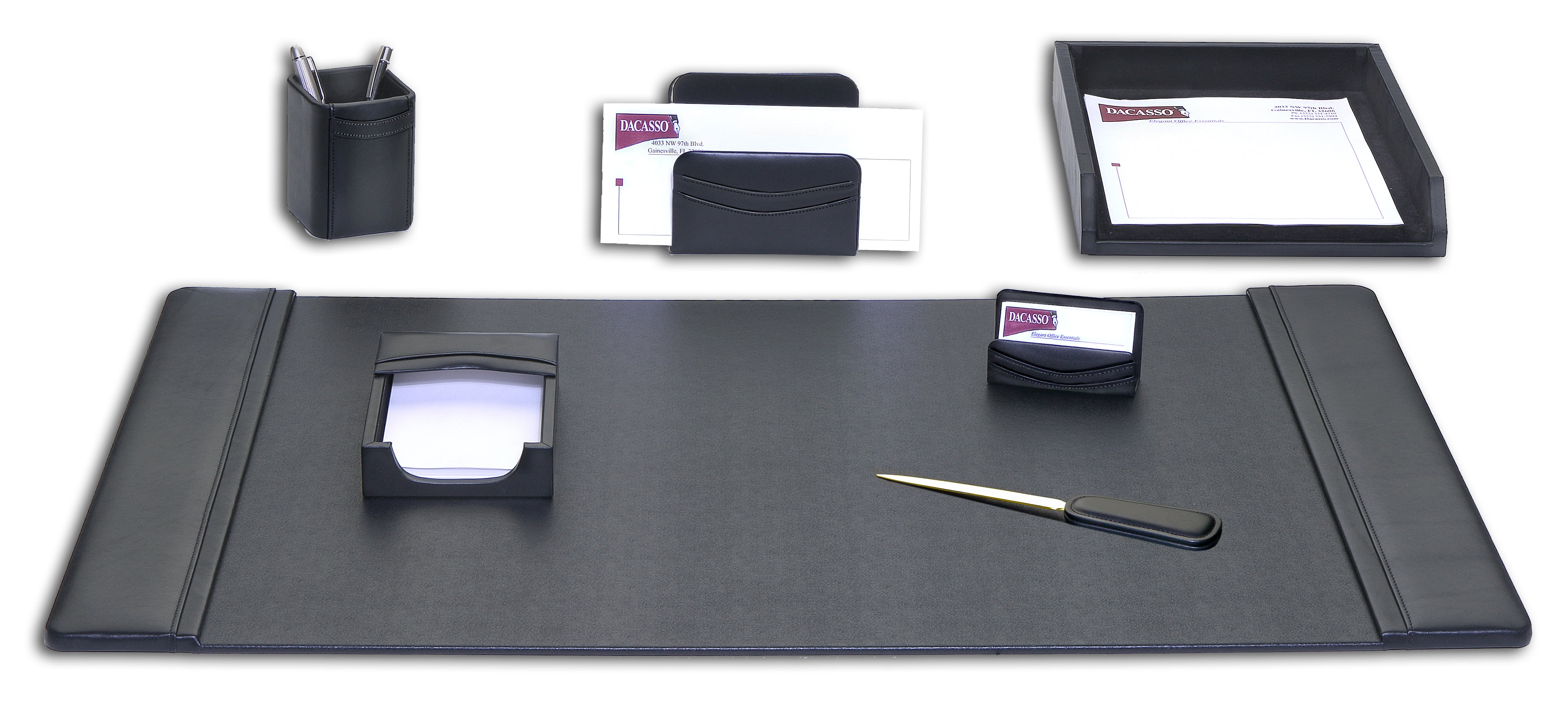 Black Leather 7-Piece Desk Organizer Set with Felt Backing