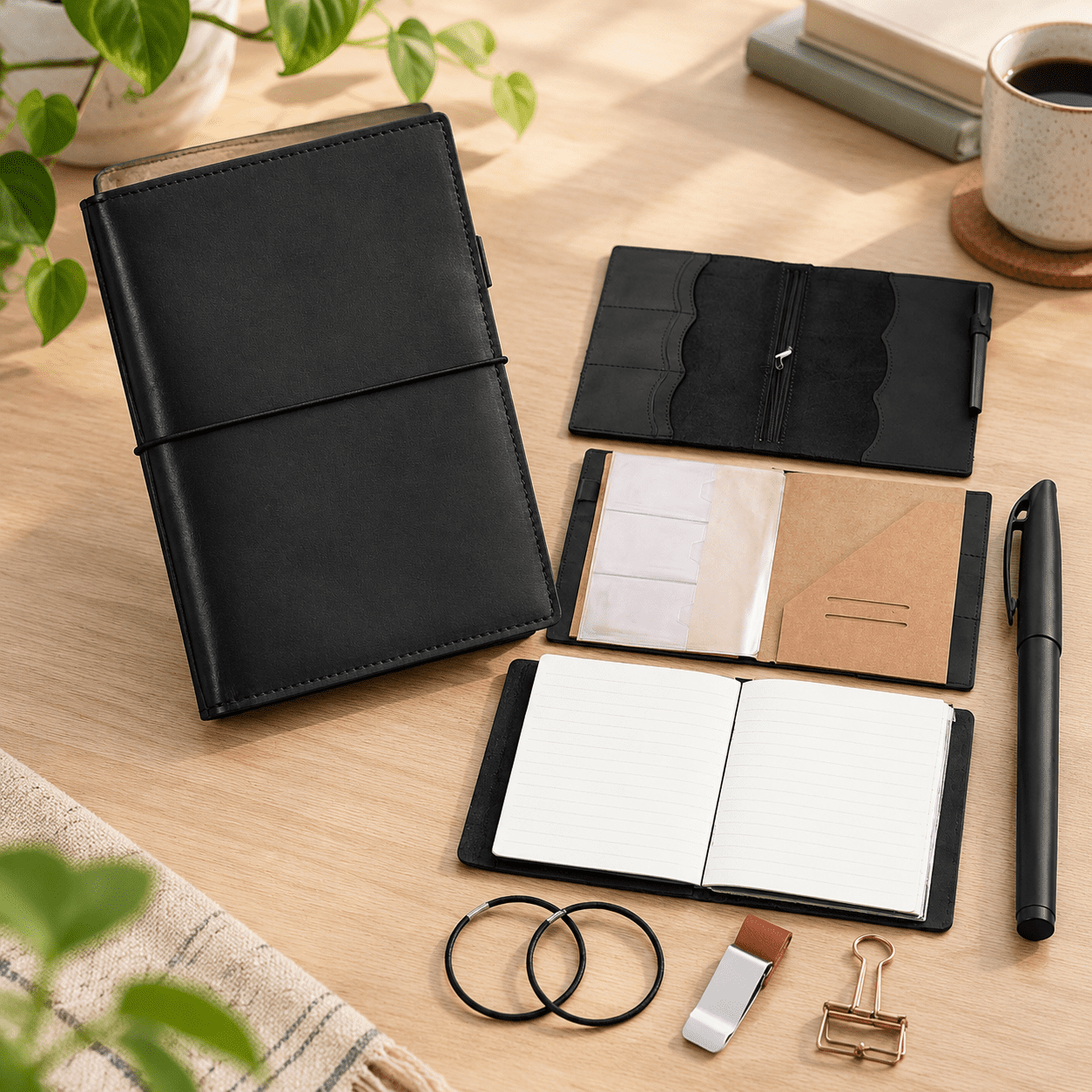 Black Leather A5 Travelers Journal Notebook Cover with Inserts and ...