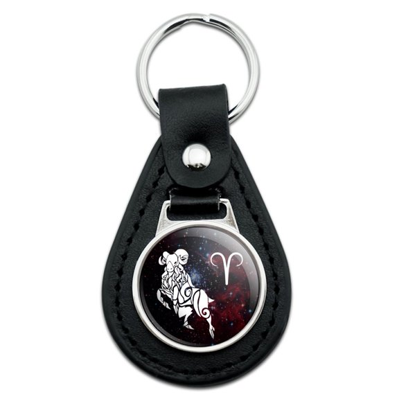 Black Leather Aries Zodiac Sign Horoscope in Space Keychain