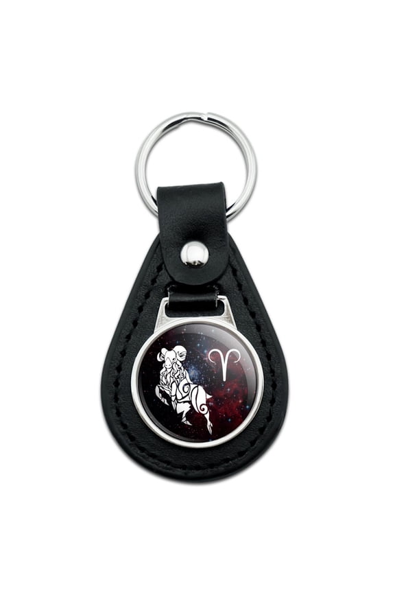 Black Leather Aries Zodiac Sign Horoscope in Space Keychain