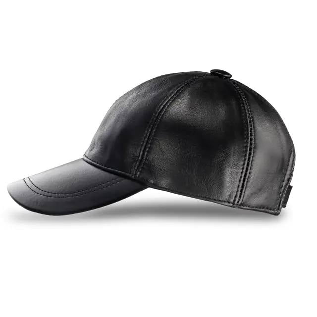 Black  Leather Baseball Cap Adjustable  Real Lambskin Leather Hat Sports Visor