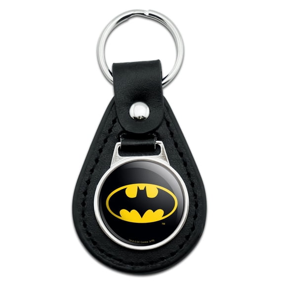 Black Leather Batman Classic Bat Shield Logo Keychain