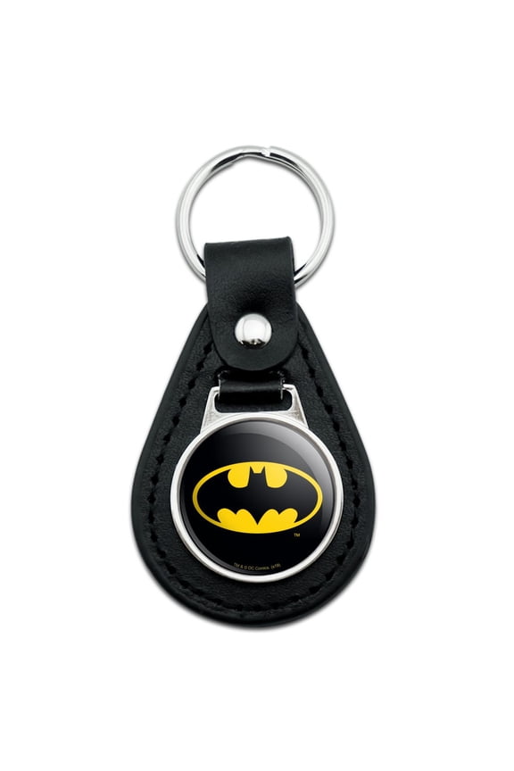 Black Leather Batman Classic Bat Shield Logo Keychain