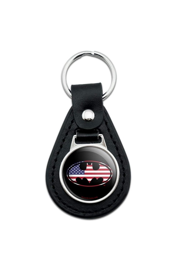 Black Leather Batman USA American Flag Shield Logo Keychain