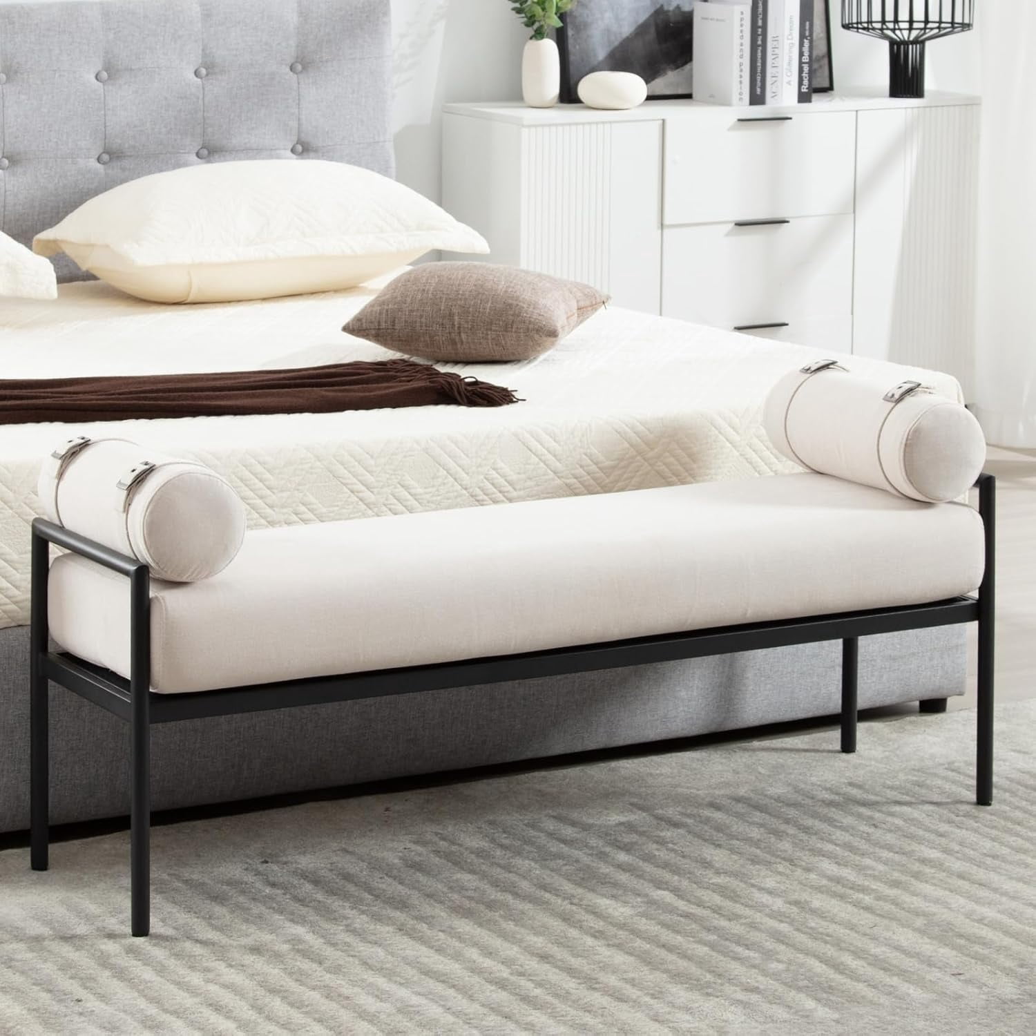 Black Leather Bedroom Bench 55 Inch Long End of Bed Bench Padded ...