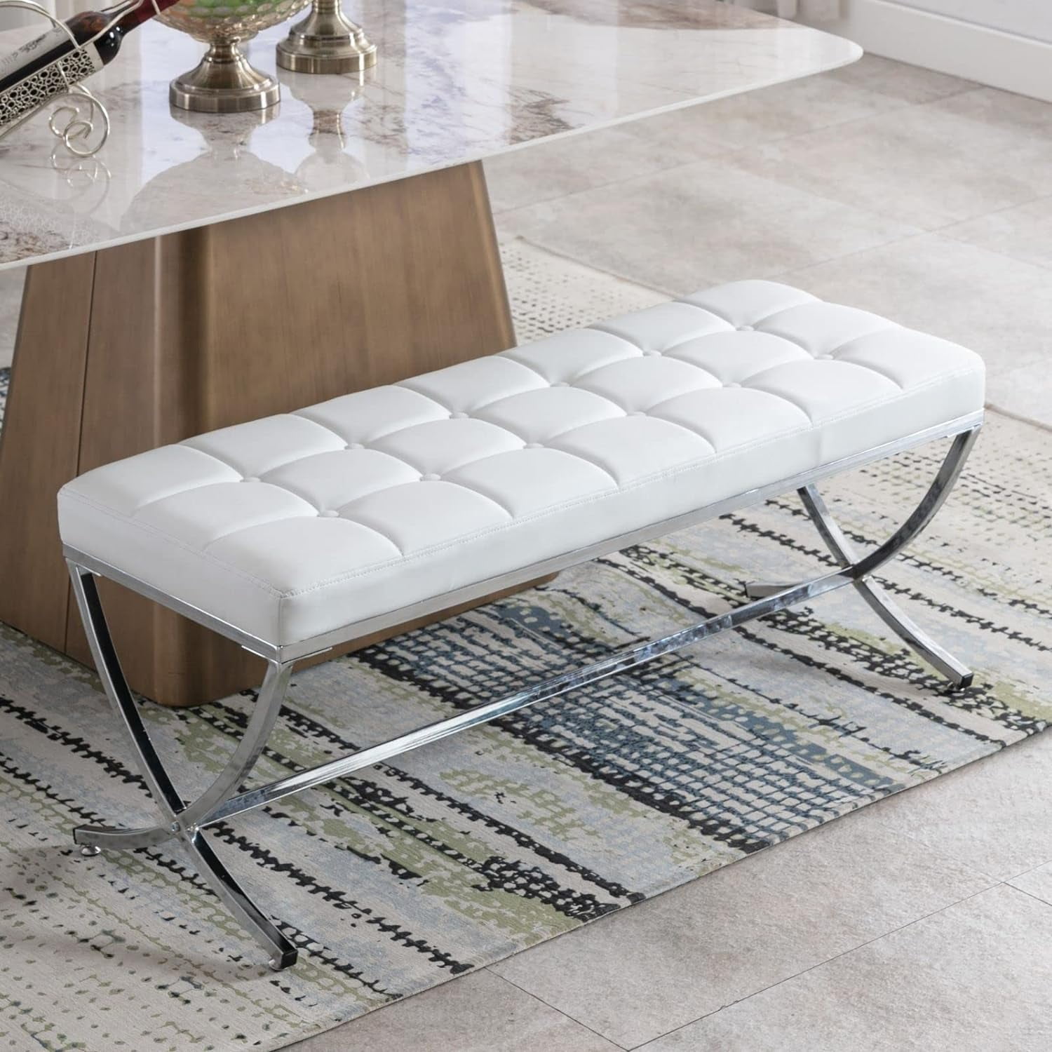 Bench Button Black Leather Bench Dining Bench Upholstered Button Tufted Bench with ...