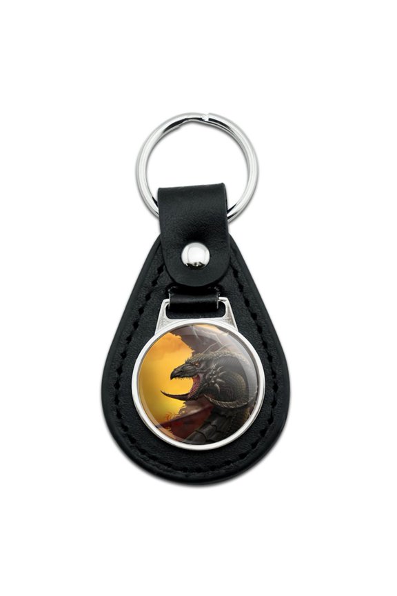Black Leather Black Winged Dragon Fantasy Keychain