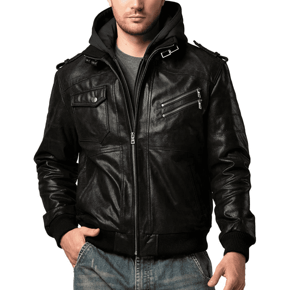 Black Leather Bomber Jacket Mens in Hooded Style