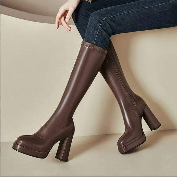 Black Leather Boots Platform Boots for Women Square Toe Chunky Block Heeled Boots