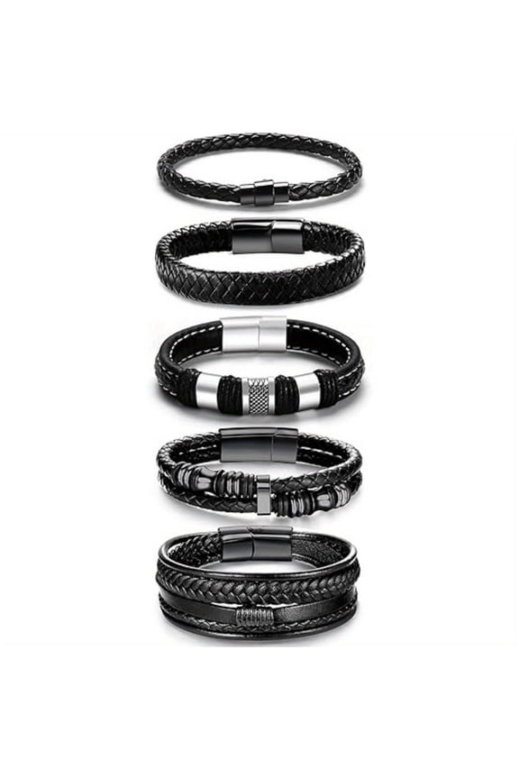 Black Leather Bracelets for Men Women 5pcs Mens Bracelet Leather and Steel Braided Cuff Bracelets